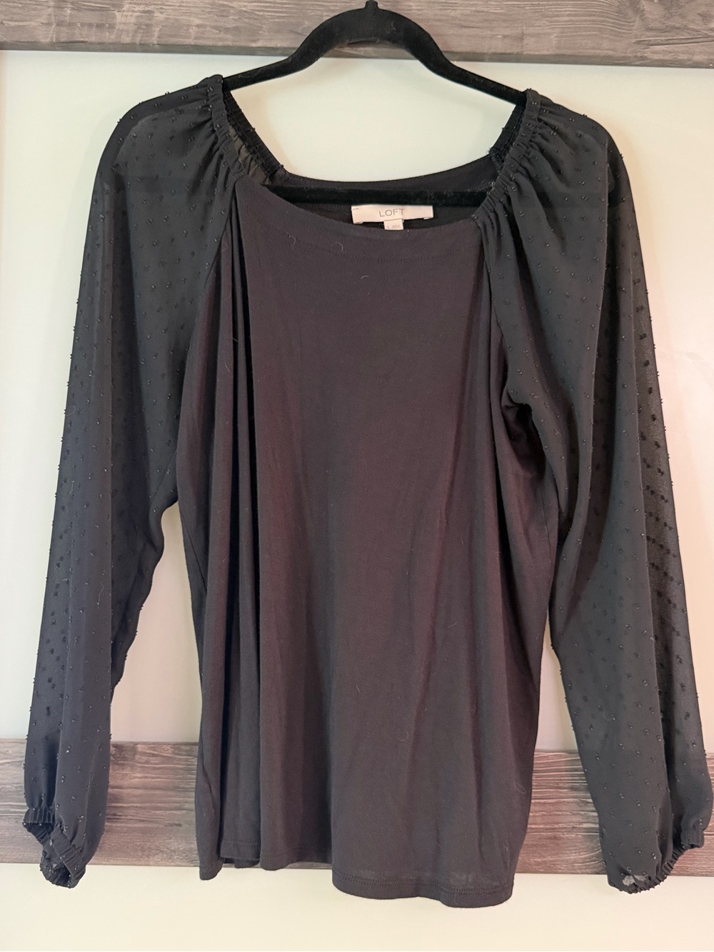 LOFT Black Long-Sleeve Blouse with Dotted Chiffon Sleeves
